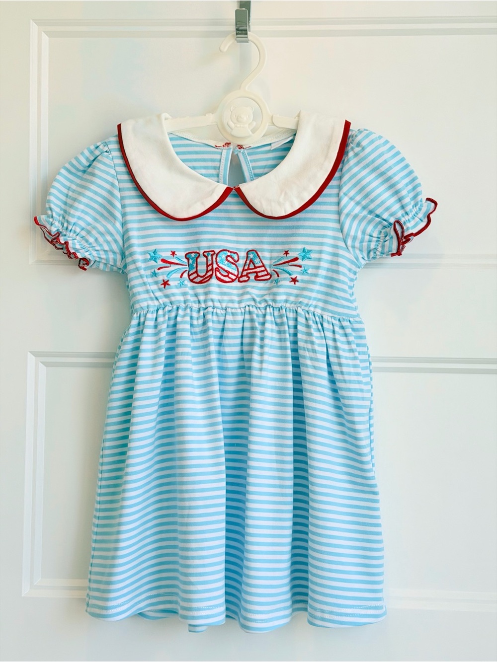 Light Blue Striped Kids Dress with White Peter Pan Collar and Red Trim